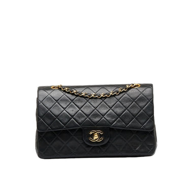 CHANEL Matelasse 25 Double Flap Chain Shoulder Bag Black Leather Women's