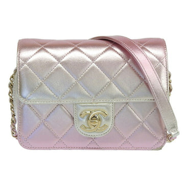 CHANEL Leather Matelasse Coco Mark Chain Shoulder Bag Metallic Pink Ladies