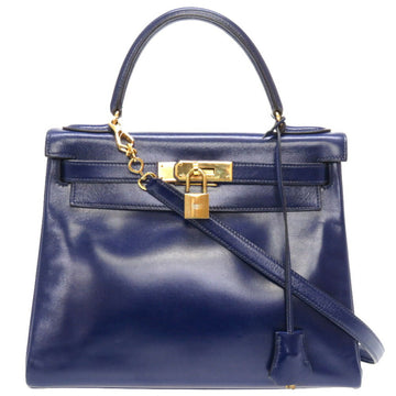 HERMES Kelly 28 Inner Stitch Box Calf Blue Roy 〇T Engraved Handbag