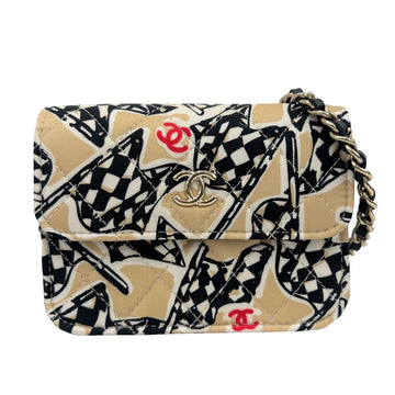 CHANEL Earend Checkered Flag Print Cocomark Mini Chain Shoulder 2022 Cotton Beige Black Gold Hardware Women's Bag