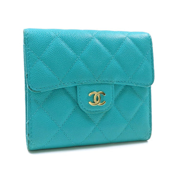 Chanel Trifold Wallet Matelasse Women's Turquoise Caviar Skin A82288 Cocomark