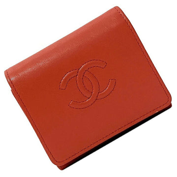 CHANEL Trifold Wallet Orange Red Cocomark A70796 Leather Calfskin 28th Series CHNAEL Compact Embroidered Mini Women's