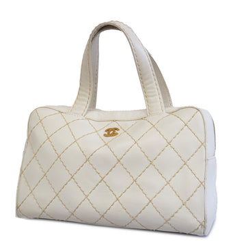 CHANELAuth  Wild Stitch Women's Leather Handbag,Tote Bag White