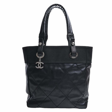 CHANEL Leather Canvas Paris Biarritz PM Coco Mark Tote Bag Black Ladies