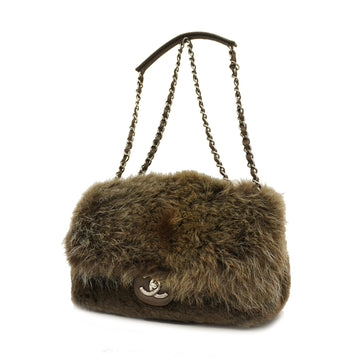 CHANELAuth  W-chain Women's Fur Shoulder Bag Brown