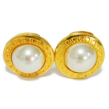 CELINE Earrings Round Costume Pearl Macadam Old GP Plated Vintage Clip-on Blason Ivory Ladies Accessories Jewelry