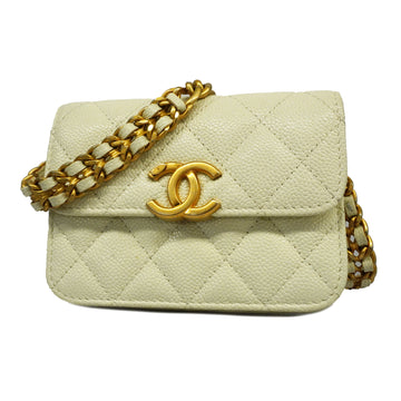CHANELAuth  Matelasse Chain Shoulder Caviar Leather Pouch,Shoulder Bag Ivory