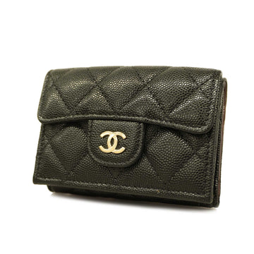 CHANELAuth  Matelasse Tri-fold Wallet Gold Metal Caviar Leather Black