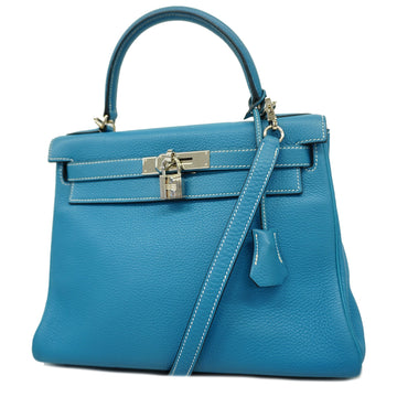 HERMES[3ad3691]Auth  2WAY bag Kelly 28 J stamp Taurillon Clemence Blue Jean Silver Metal