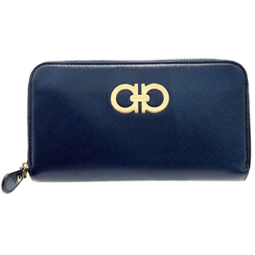 SALVATORE FERRAGAMO Long Wallet Double Gancini Zip Around Calf Leather Navy 22 B300