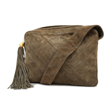 Chanel shoulder bag V stitch shoulder bag with fringe suede brown gold metal