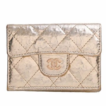 CHANEL Leather Matelasse Coco Mark Tri-fold Compact Wallet Metallic Gold Women's