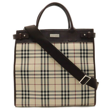 BURBERRY Nova Check Tote Bag Shoulder Nylon Canvas Leather Beige Dark Brown