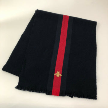 GUCCI Scarf Bee Embroidery Wool Cashmere Silk Navy Men's