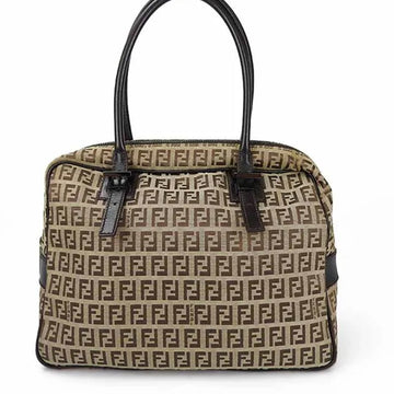 FENDI 8BN005 Zucchino Handbag Nylon Canvas Leather Brown Beige Gunmetal Hardware Shoulder Bag