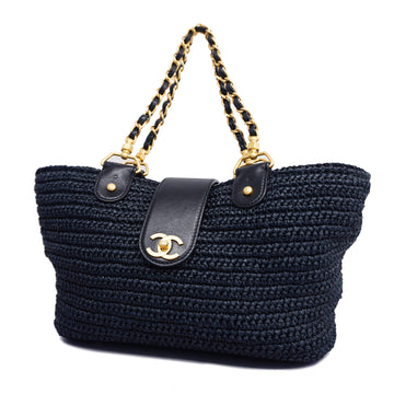 CHANEL[3yc1525] Auth  tote bag straw black gold metal