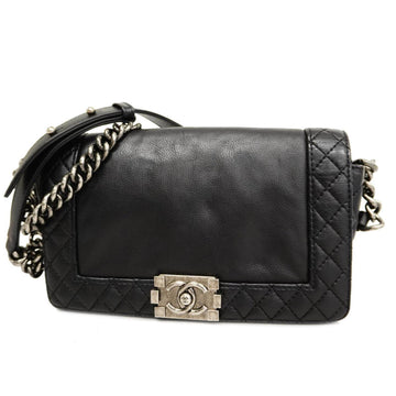 CHANEL Shoulder Bag Boy Chain Leather Black Silver Hardware Women's