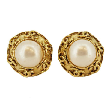 CHANEL Earrings Vintage Coco Mark Round Circle Fake Pearl GP Plated Gold White 94A Ladies