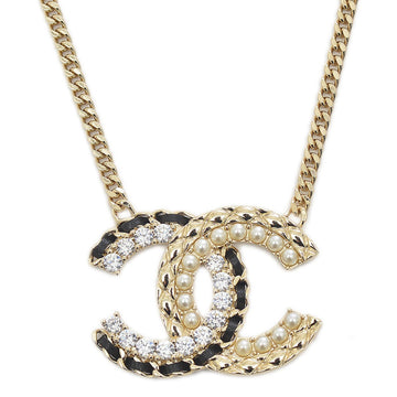 Chanel Cocomark Necklace Choker Rhinestone/Pearl/Leather Gold B22B