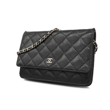 Chanel Matelasse Chain Wallet With Silver Hardware Women's Caviar Leather Chain/Shoulder Wallet Black