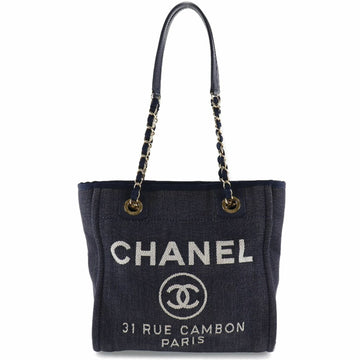 CHANEL Deauville PM Chain Shoulder A66939 Denim x Calf Navy Blue Women's Tote Bag