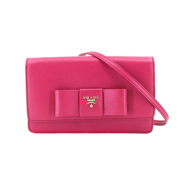 PRADA Saffiano Shoulder Wallet Long Leather Pink BT1009 Gold Metal Fittings Ribbon