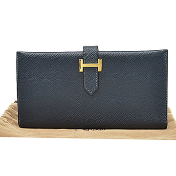 HERMES Bi-Fold Long Wallet Bearn Classic Couchbel Blue Indigo Gold Unisex