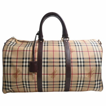 BURBERRY Leather Check Pattern Boston Bag Beige Brown Women's