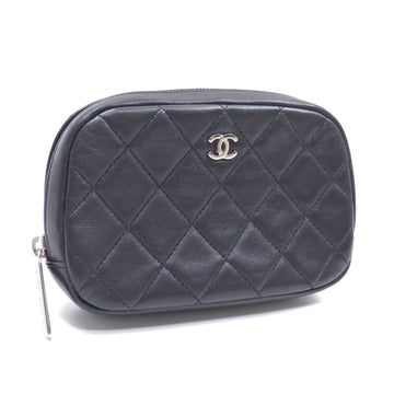 CHANEL Pouch Matelasse Women's Black Lambskin Makeup Coco Mark Leather