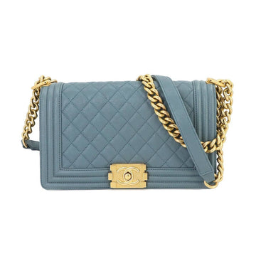 CHANEL Boy  Chain Shoulder Bag Caviar Skin Leather Blue A67086 Gold Hardware