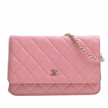 CHANEL Lambskin Matelasse Coco Mark Chain Shoulder Long Wallet Pink Ladies