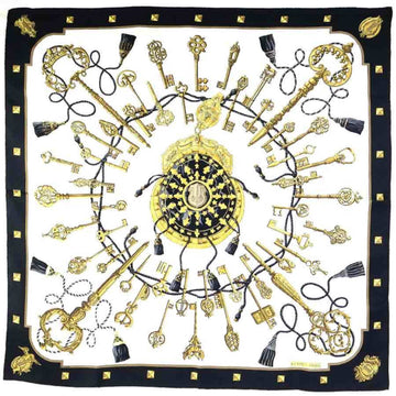 HERMES Scarf Carre 90 Silk White/Black/Gold Women's