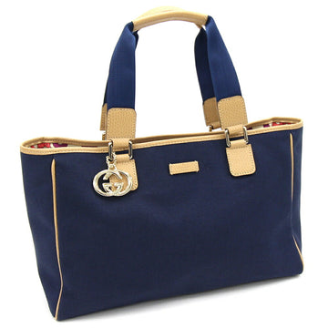 GUCCI Tote Bag 264216 Navy Beige Canvas Leather Handbag Ladies GG Charm