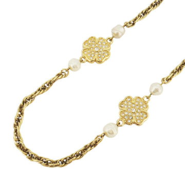 CHANEL Necklace Coco Mark Clover Motif Fake Pearl Rhinestone GP Plated Gold Ladies