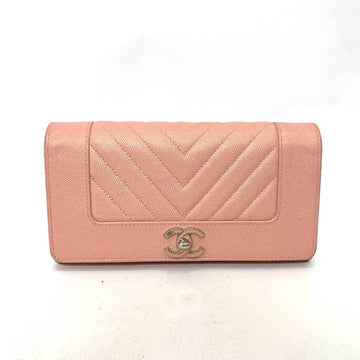 CHANEL Wallet Mademoiselle Pink Long Bifold V Stitch Quilting Coco Mark Ladies Caviar Skin A80971