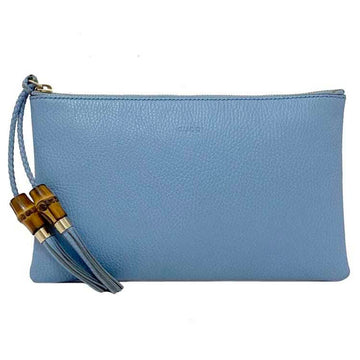 GUCCI Clutch Bag Light Blue Bamboo 449652 Leather  Pouch Tassel Grain Women's Men's