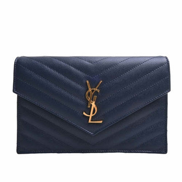 SAINT LAURENT Leather Envelope Chain Shoulder Long Wallet 393953 Navy Ladies