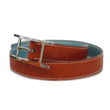 HERMESAuth  Api ○S Stamped Brick Silver Metal Fittings Leather Belt Blue Jean