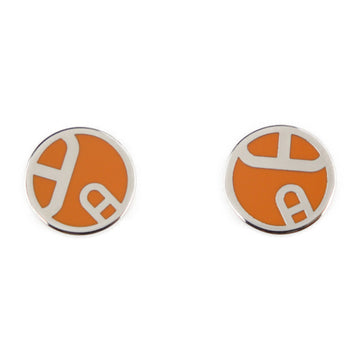 HERMES Shane Dunkle Earrings Stainless Steel Silver Orange Random Design Round
