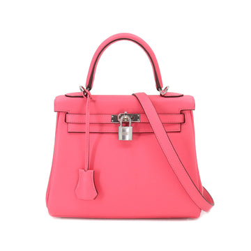 HERMES Kelly 25 2way hand shoulder bag Swift Rose Azalea D engraved inner stitching Silver Hardware