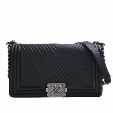 CHANEL Leather Boy  V Stitch Chain Shoulder Bag Black Ladies