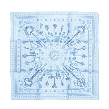 HERMES Carre 55 Bandana LES CLES Scarf Blue Ciel Jean Silk 100%