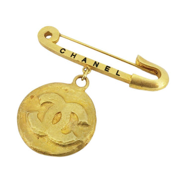 CHANEL brooch here mark logo round circle GP plated gold black 94P ladies