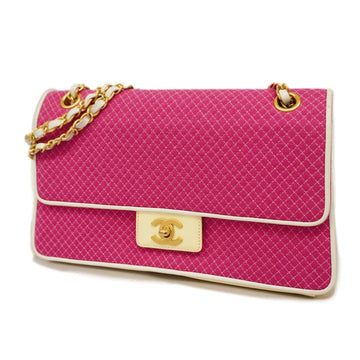 CHANEL Shoulder Bag W Chain Cotton Pink Ivory Gold Hardware Women's