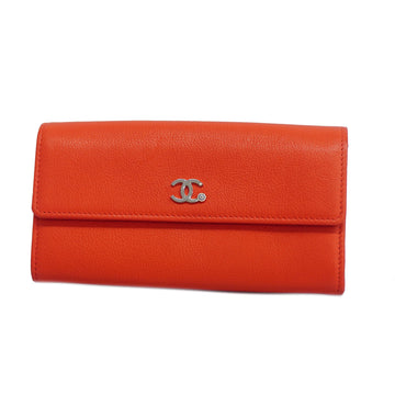 CHANELAuth  Bi-fold Long Wallet Silver Metal Fittings Leather Red Color