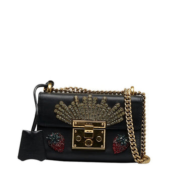 GUCCI Strawberry Padlock Chain Shoulder Bag 432182 Black Leather Rhinestone Women's