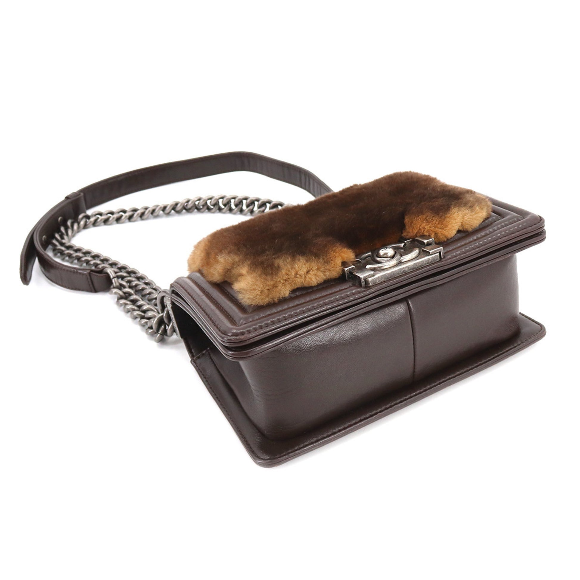 Chanel Brown Rabbit Fur Shoulder Bag with Leather and Chain Straps., Lot  #77013