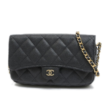 CHANEL Matelasse Chain Wallet Smartphone Shoulder Caviar Black Gold AP2096