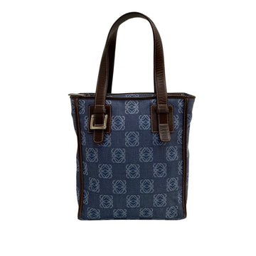 LOEWE Anagram Logo All Over Pattern Canvas Leather Genuine Handbag Tote Bag Blue Brown