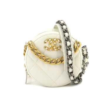 CHANEL 19 Round Clutch Chain Shoulder Bag Leather White AP0945